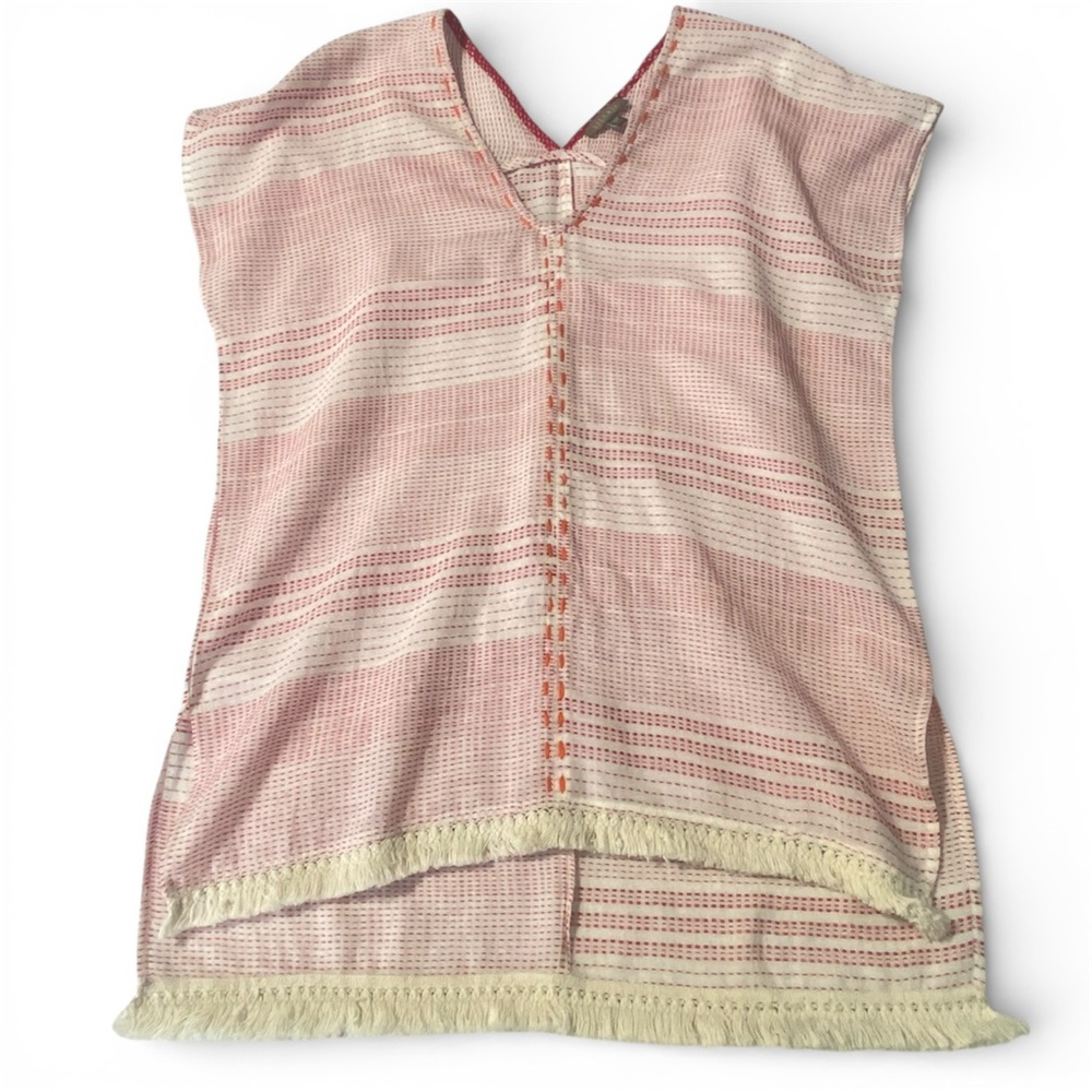 Lilla P  Cotton Beach Cover Up Stitched Lightweight Tunic with Crochet Fringe